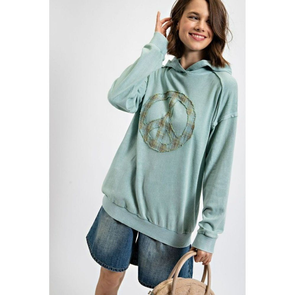 Easel Peacemaker Washed Terry Knit Pullover Hoodie in Seafoam ET22682 - Picture 4 of 5